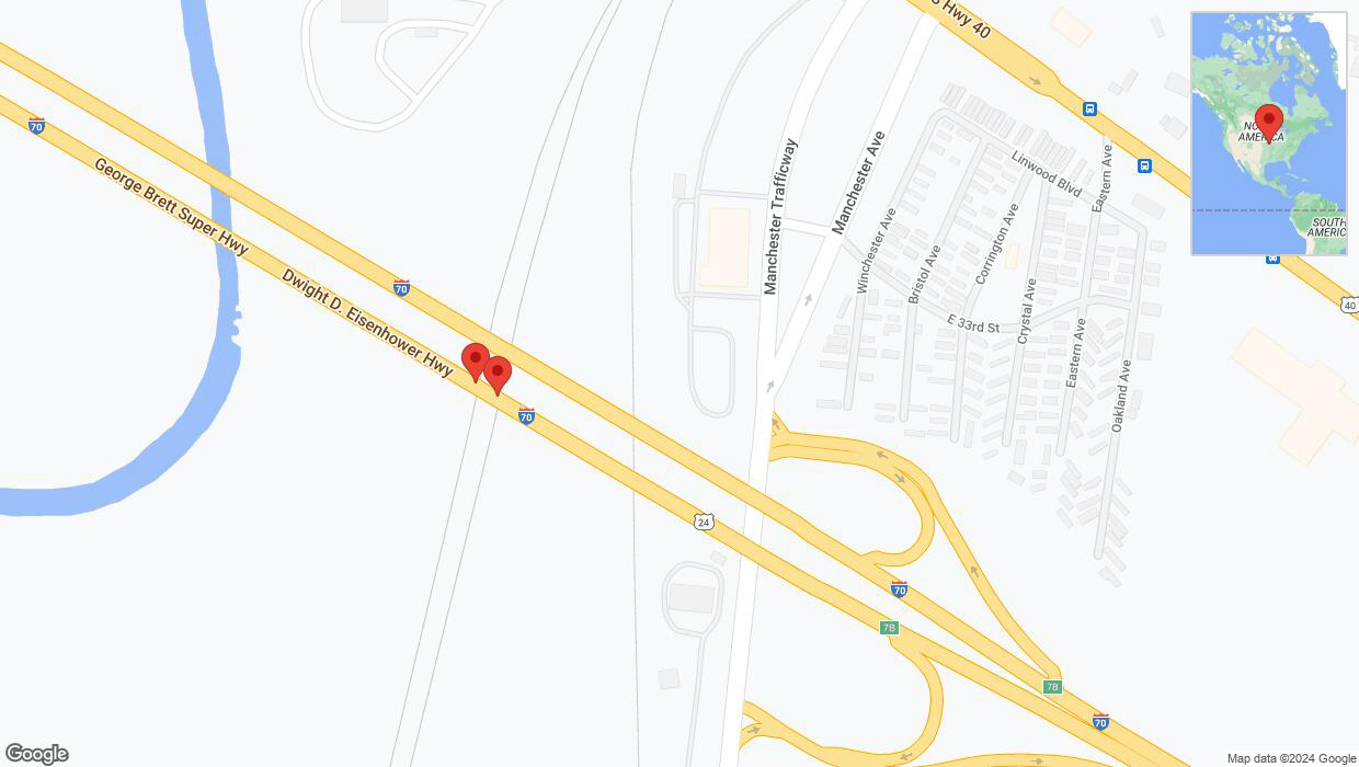 A detailed map that shows the affected road due to 'Broken down vehicle on eastbound I-70 in Kansas City' on July 17th at 4:49 p.m.