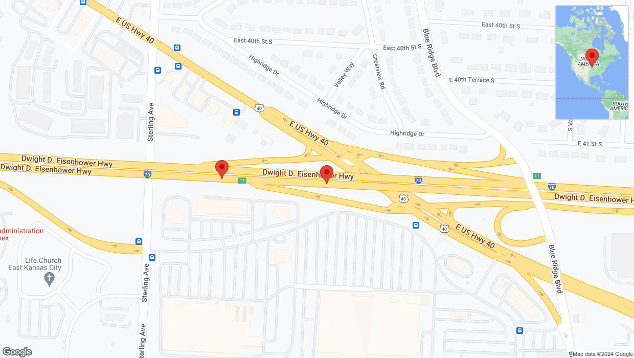 A detailed map that shows the affected road due to 'Broken down vehicle on eastbound I-70 in Kansas City' on July 17th at 6:01 p.m.