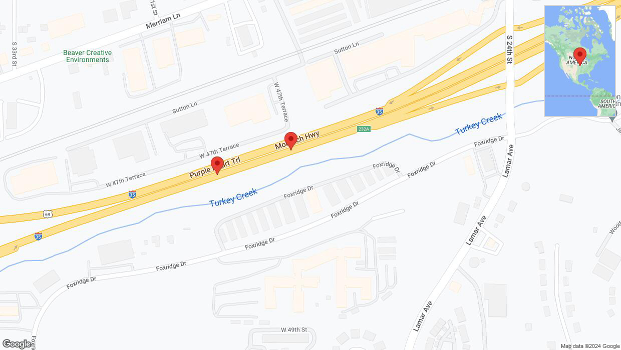 A detailed map that shows the affected road due to 'Broken down vehicle on northbound I-35 in Shawnee' on July 17th at 6:43 p.m.