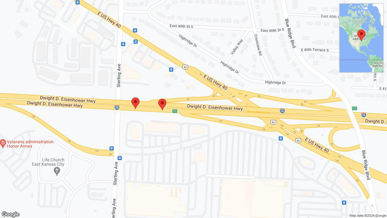 A detailed map that shows the affected road due to 'Warning in Kansas City: Crash reported on eastbound I-70' on July 17th at 7:13 p.m.