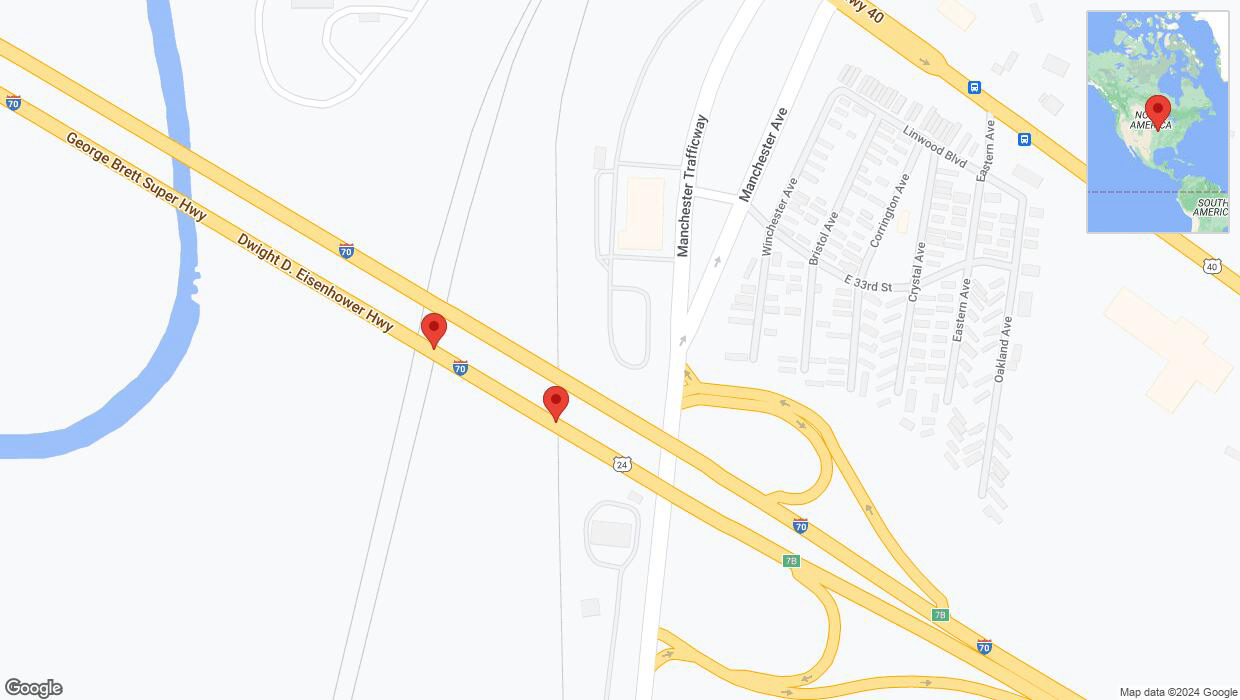 A detailed map that shows the affected road due to 'Broken down vehicle on eastbound I-70 in Kansas City' on July 17th at 7:31 p.m.