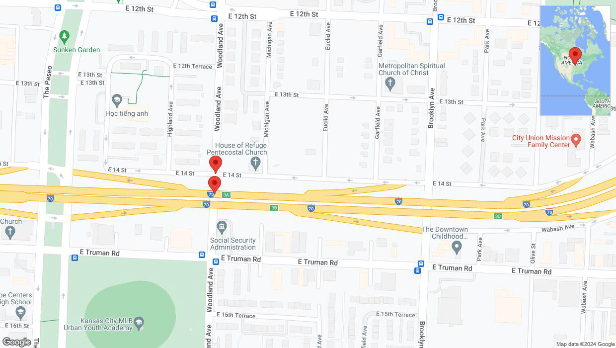 A detailed map that shows the affected road due to 'East 14th Street closed in Kansas City' on July 17th at 8:07 p.m.