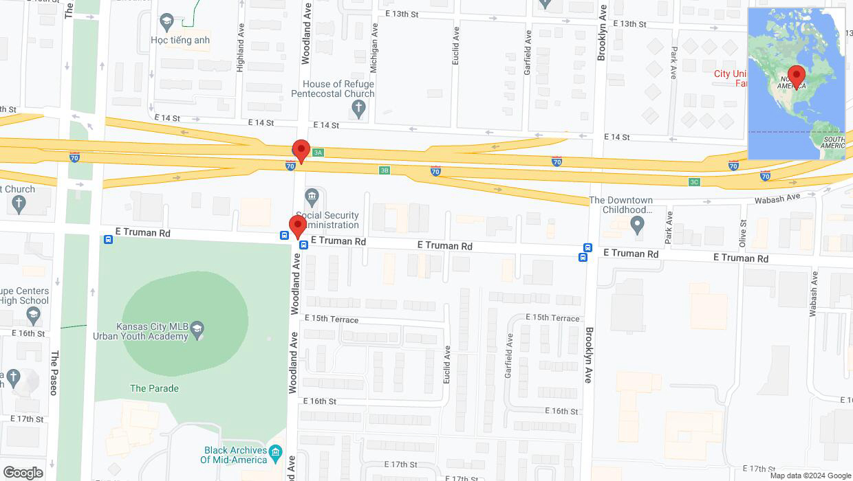 A detailed map that shows the affected road due to 'Kansas City: East Truman Road closed' on July 17th at 8:07 p.m.