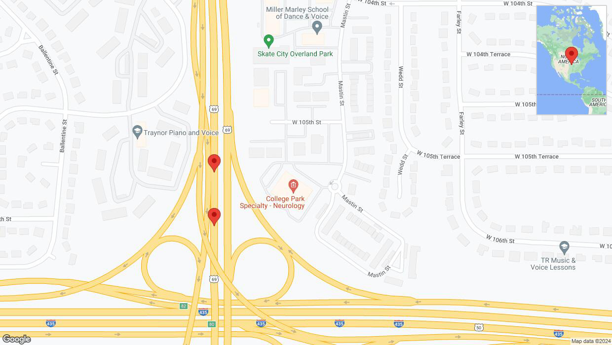 A detailed map that shows the affected road due to 'Lane on US-69 closed in Overland Park' on July 17th at 9:25 p.m.