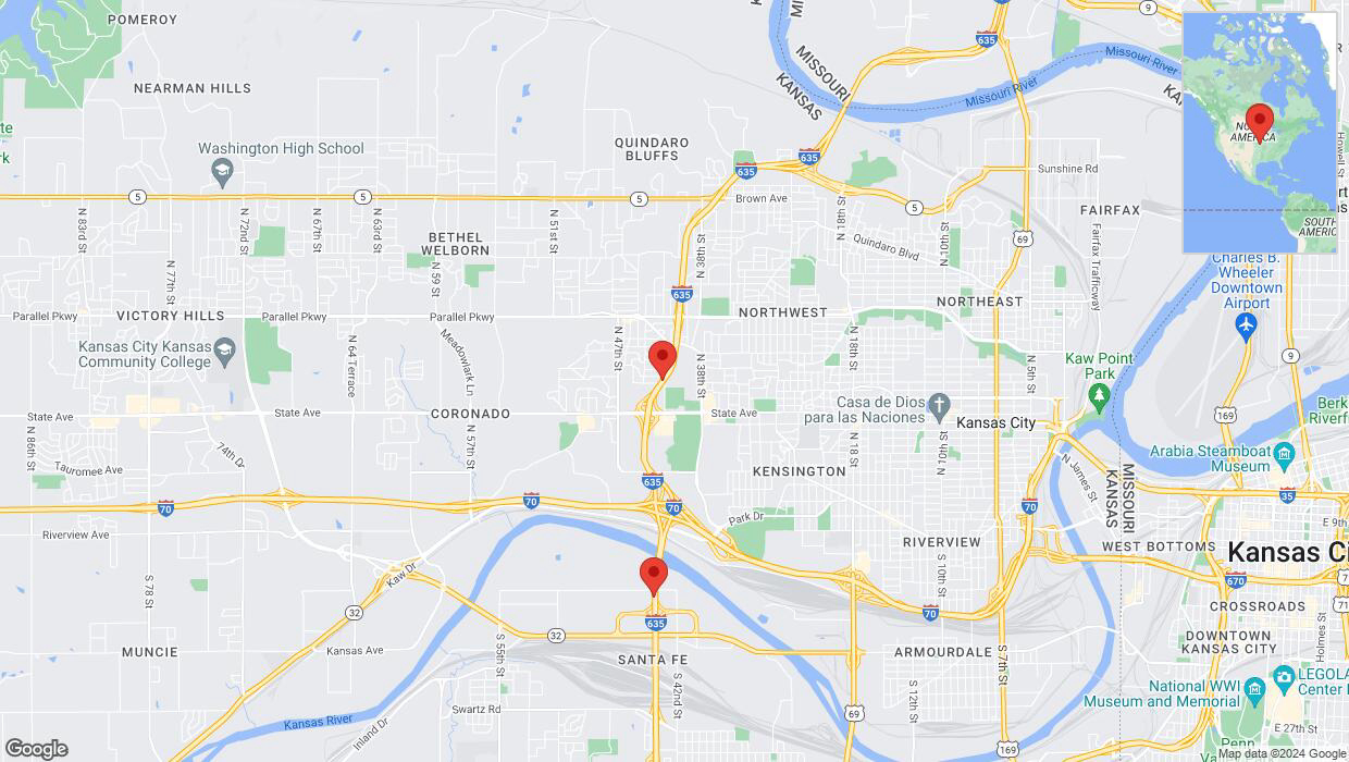 A detailed map that shows the affected road due to 'Lane on I-635 closed in Kansas City' on July 17th at 11:25 p.m.