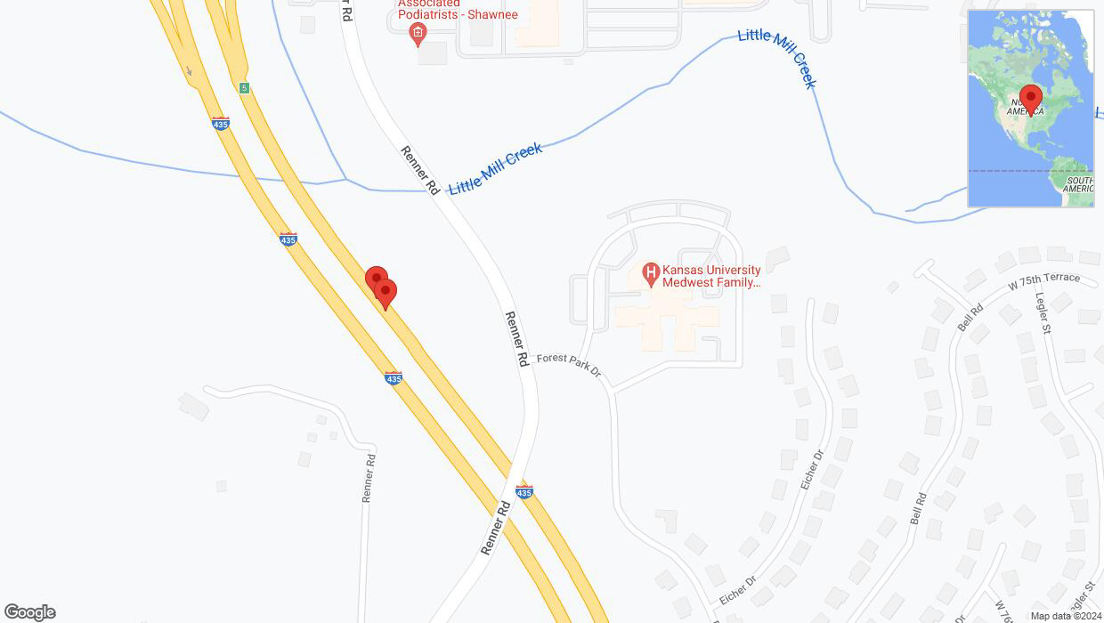 A detailed map that shows the affected road due to 'Broken down vehicle on northbound I-435 in Shawnee' on July 18th at 12:01 p.m.