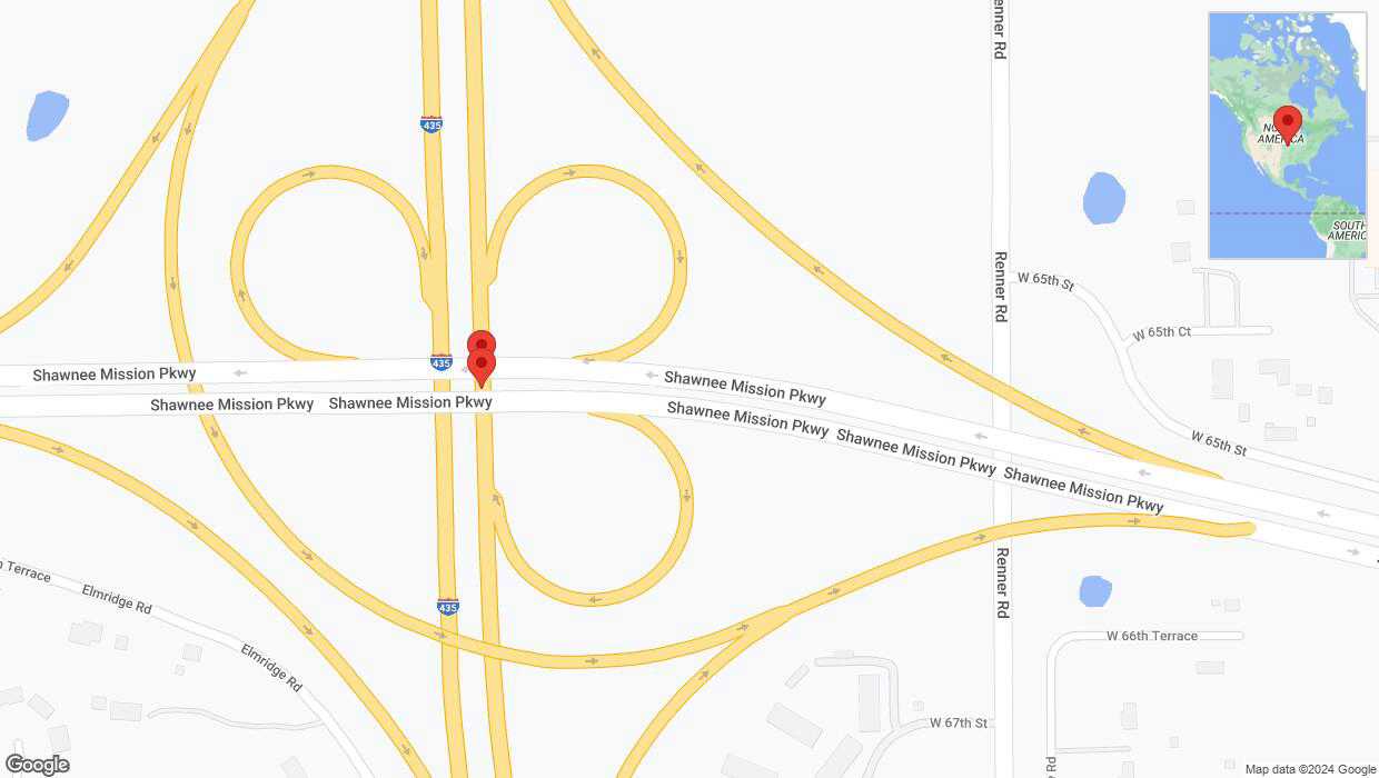 A detailed map that shows the affected road due to 'Broken down vehicle on northbound I-435 in Shawnee' on July 18th at 12:43 p.m.