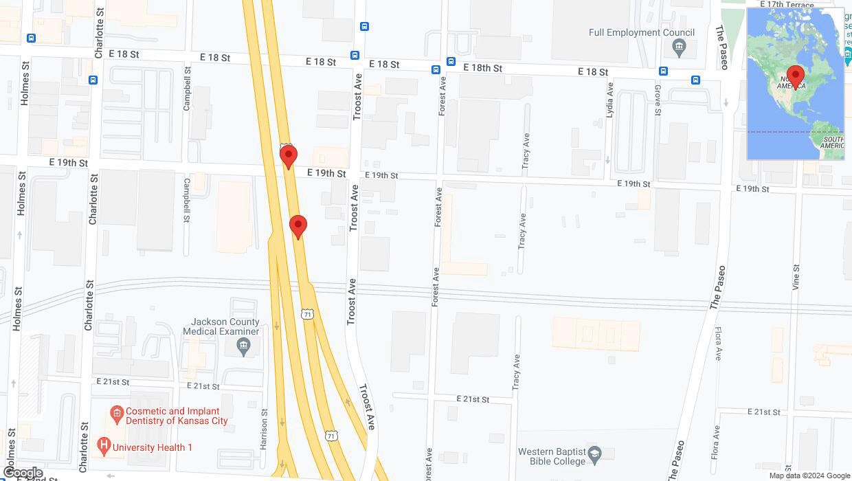 A detailed map that shows the affected road due to 'Warning in Kansas City: Crash reported on northbound US-71' on July 18th at 2:43 p.m.