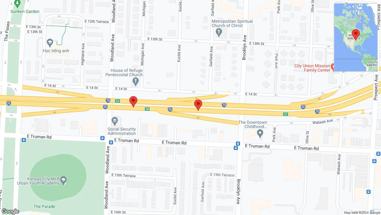 A detailed map that shows the affected road due to 'Broken down vehicle on eastbound I-70 in Kansas City' on July 18th at 9:01 p.m.