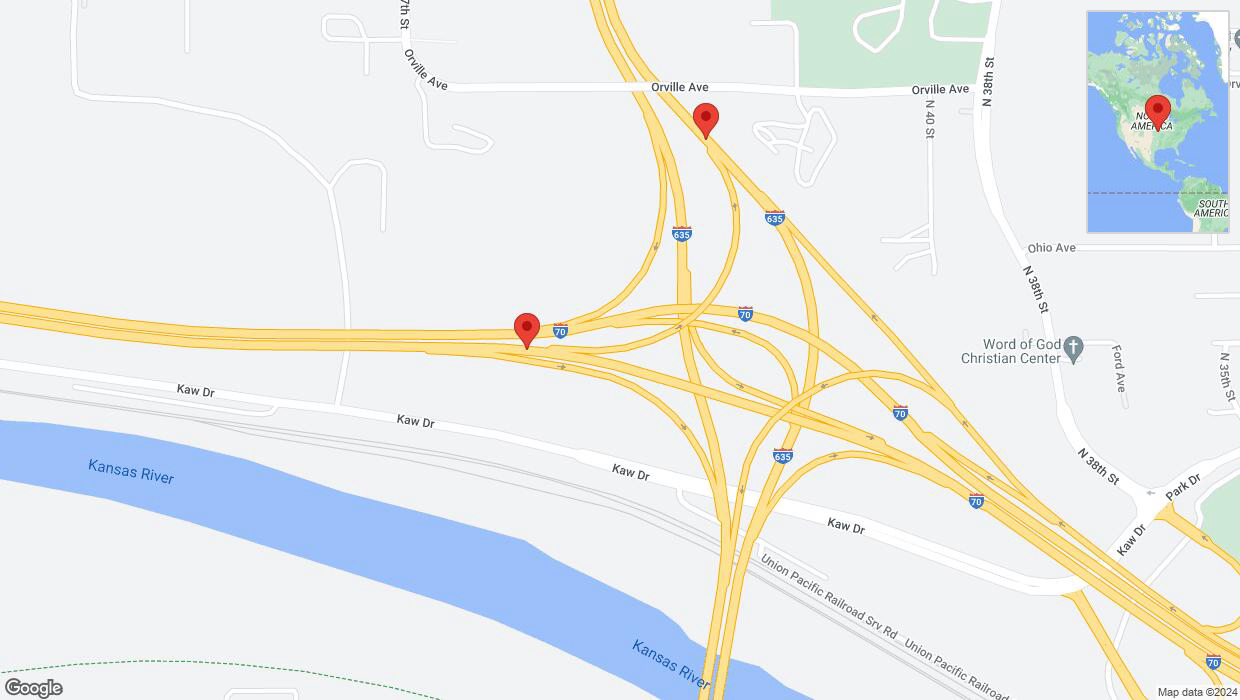 A detailed map that shows the affected road due to 'Kaw Drive Frontage Road temporarily closed in Kansas City' on July 19th at 11:45 p.m.