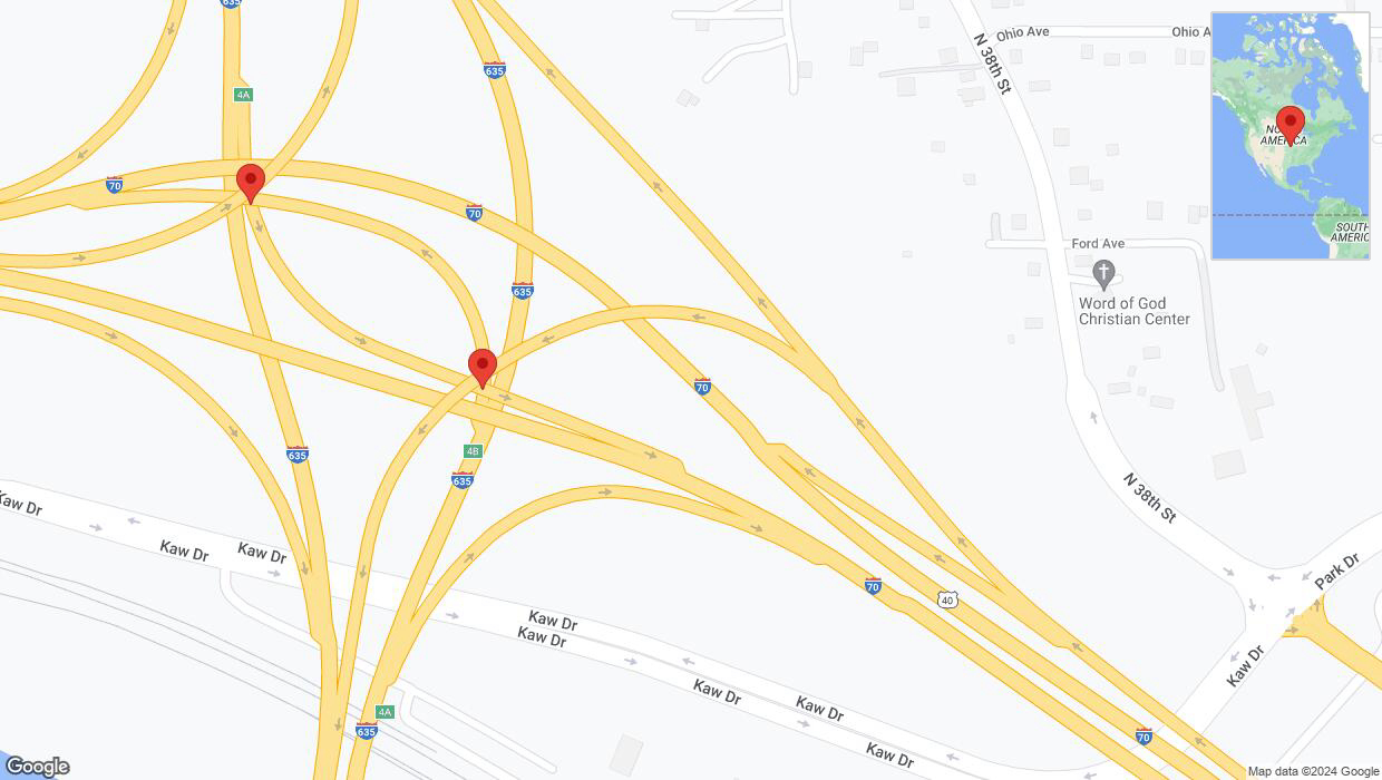 A detailed map that shows the affected road due to 'Harry Darby Memorial Highway closed in Kansas City' on July 19th at 6:21 p.m.
