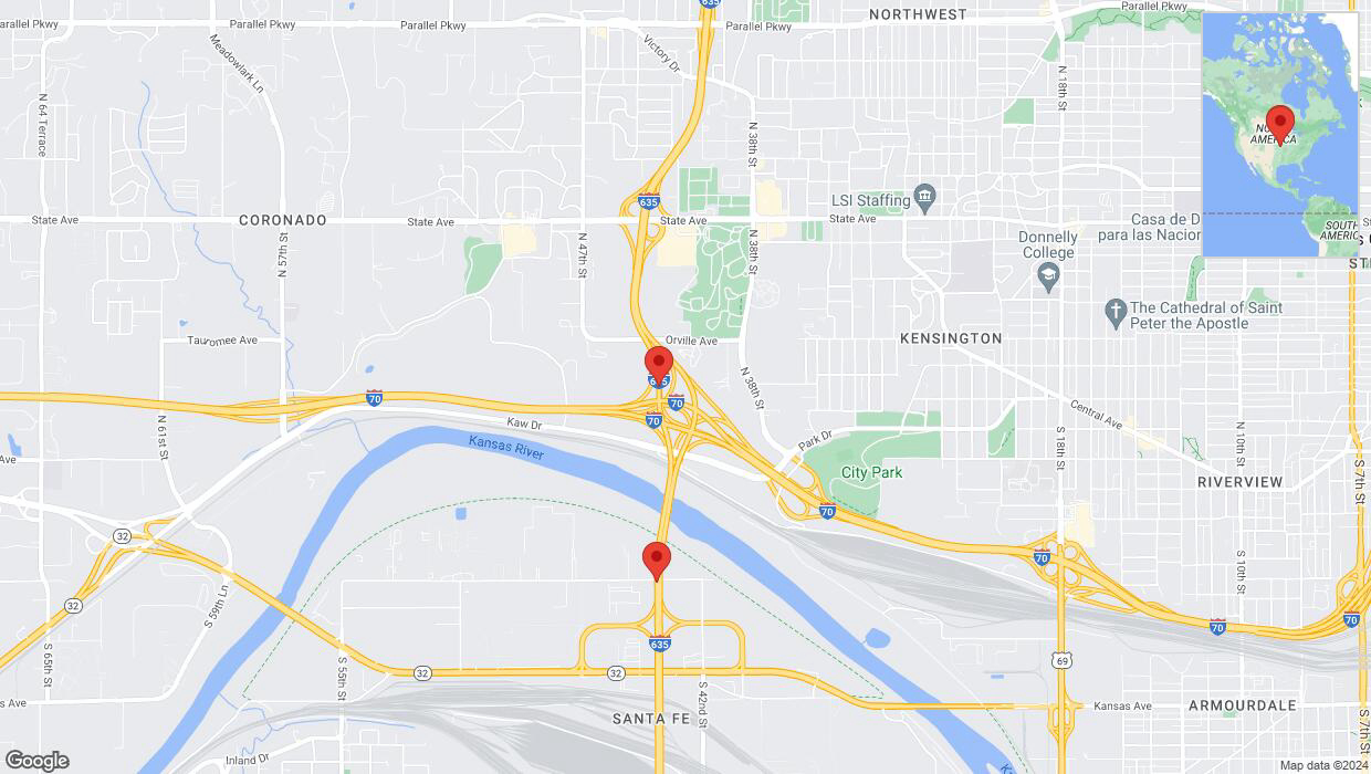 A detailed map that shows the affected road due to 'Lane on I-635 closed in Kansas City' on July 19th at 11:27 p.m.