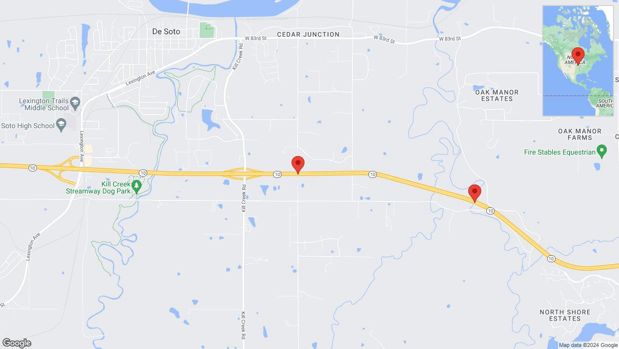 A detailed map that shows the affected road due to 'Drivers cautioned as heavy rain triggers traffic concerns on eastbound K-10 in De Soto' on July 20th at 11:48 a.m.