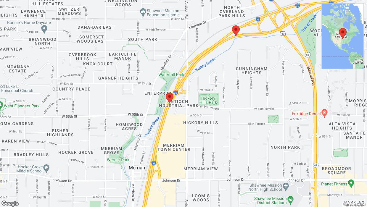 A detailed map that shows the affected road due to 'Heavy rain prompts traffic warning on northbound I-35 in Merriam' on July 20th at 1:03 p.m.