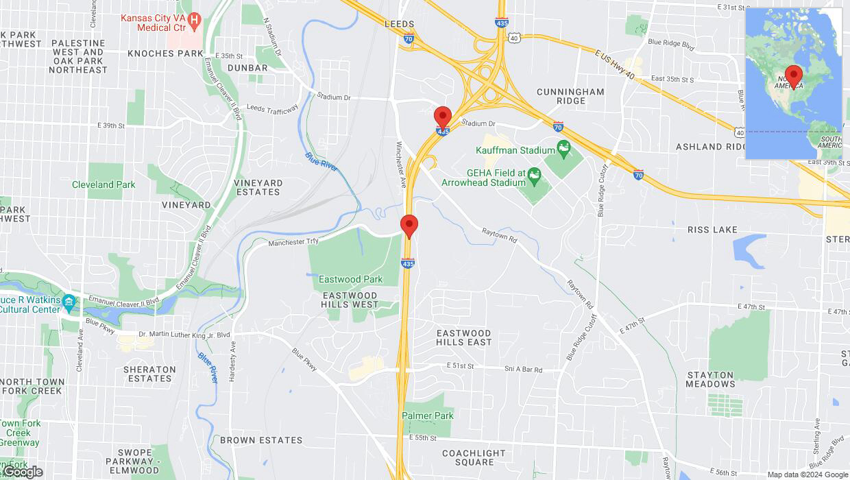 A detailed map that shows the affected road due to 'Heavy rain prompts traffic advisory on northbound I-435 in Kansas City' on July 20th at 1:09 p.m.