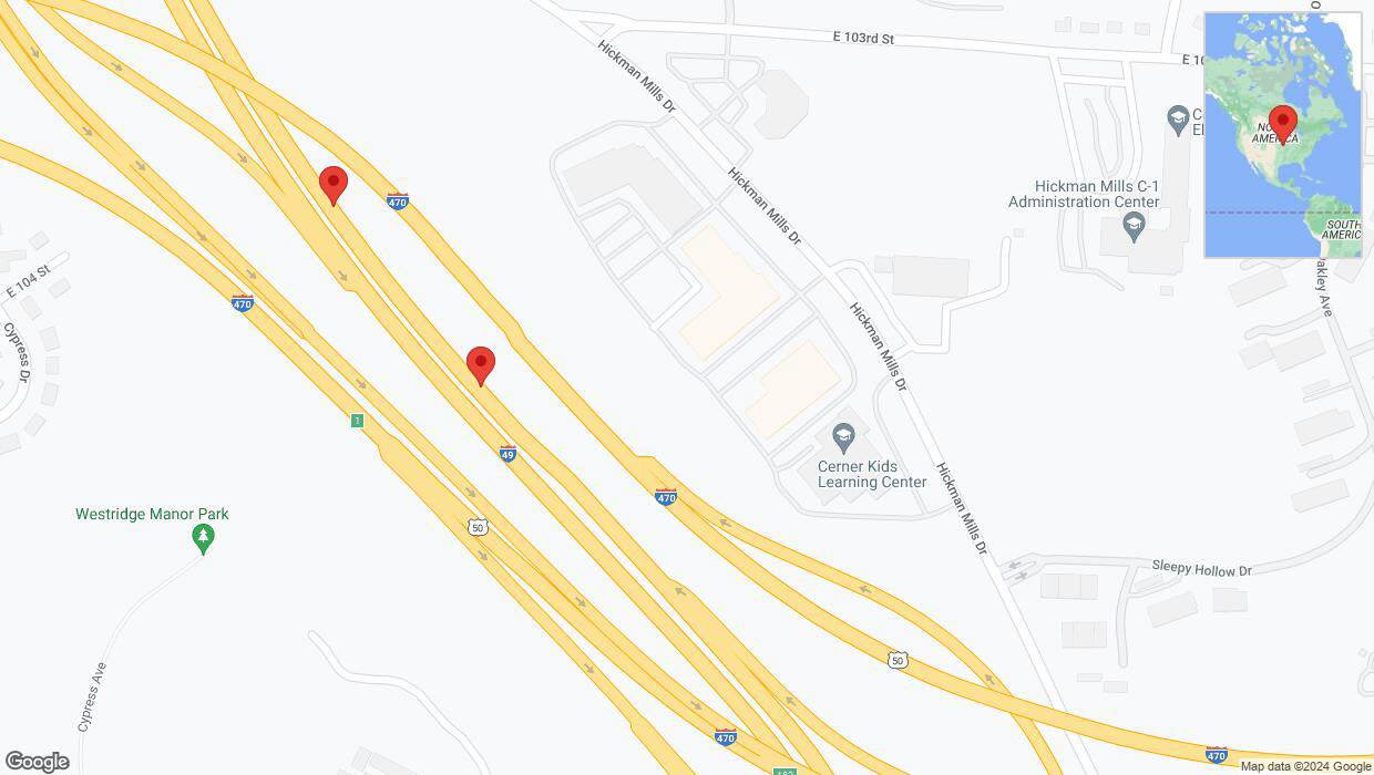 A detailed map that shows the affected road due to 'Broken down vehicle on northbound I-40/US-71 in Kansas City' on July 20th at 8:43 p.m.