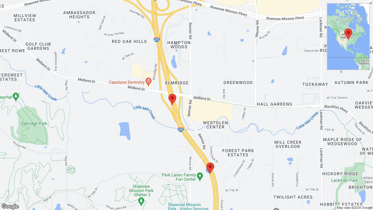 A detailed map that shows the affected road due to 'Lane on I-435 closed in Shawnee' on July 20th at 11:29 p.m.
