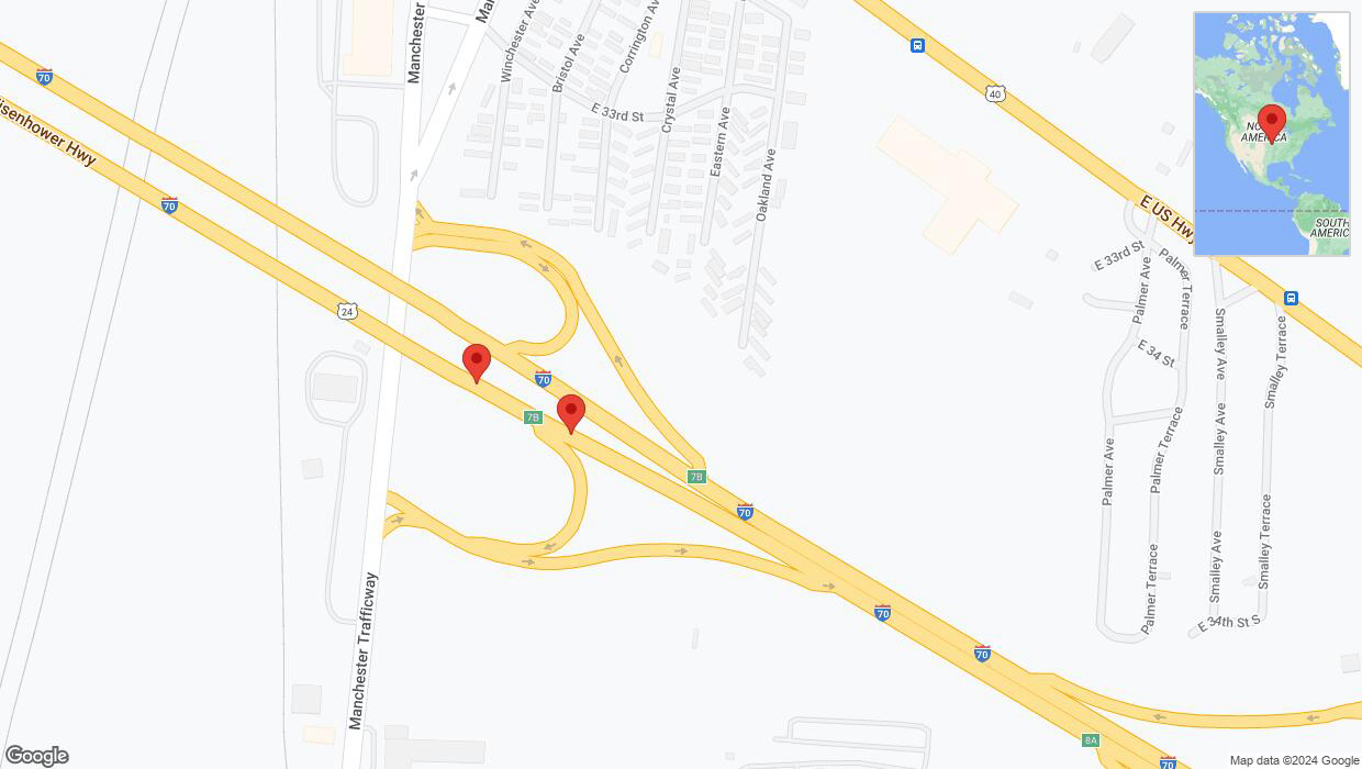A detailed map that shows the affected road due to 'Broken down vehicle on eastbound I-70 in Kansas City' on July 21st at 2:42 p.m.