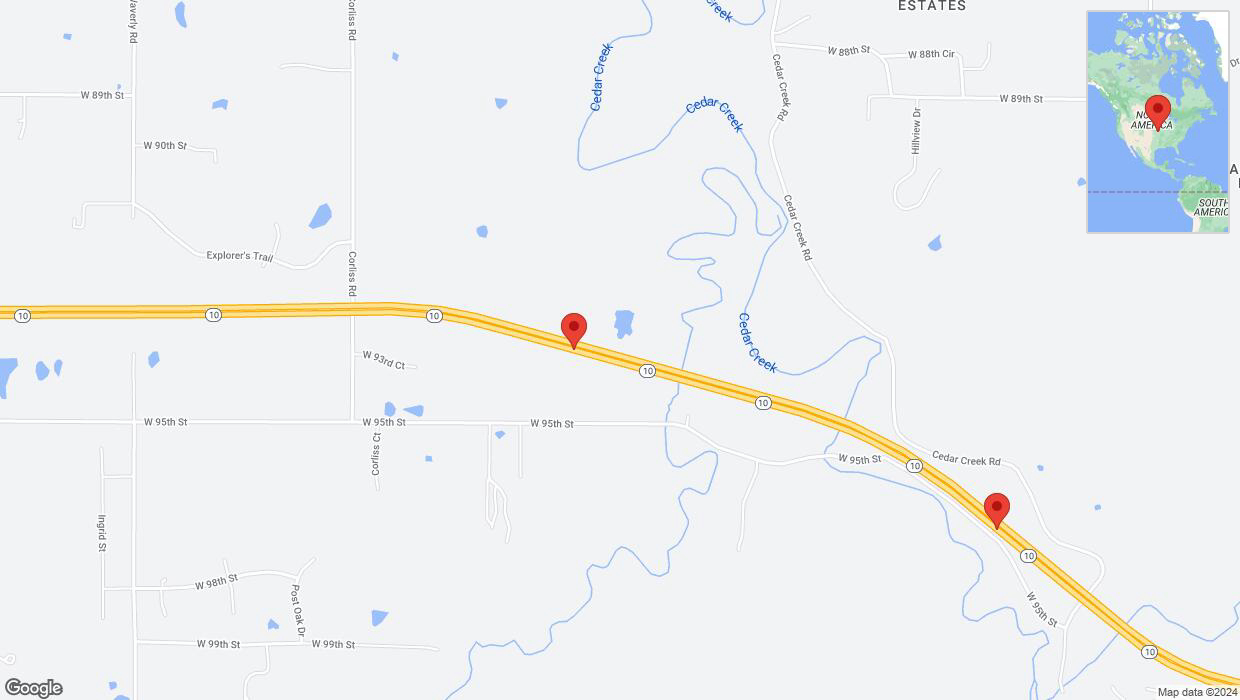 A detailed map that shows the affected road due to 'Lane on K-10 closed in De Soto' on July 22nd at 10:13 p.m.
