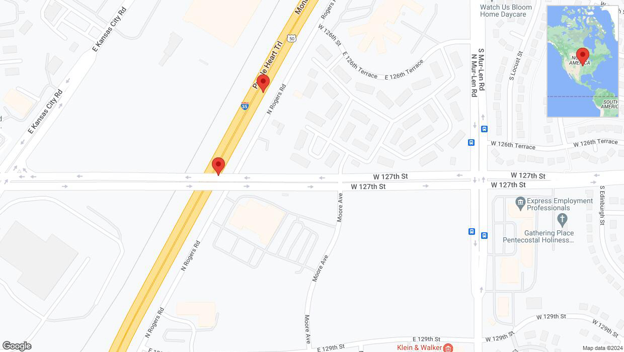 A detailed map that shows the affected road due to 'Broken down vehicle on eastbound I-35 in Olathe' on July 23rd at 10:50 p.m.