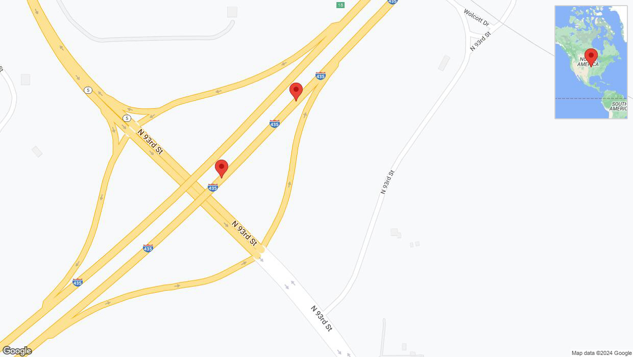 A detailed map that shows the affected road due to 'Broken down vehicle on northbound I-435 in Kansas City' on July 22nd at 2:33 p.m.