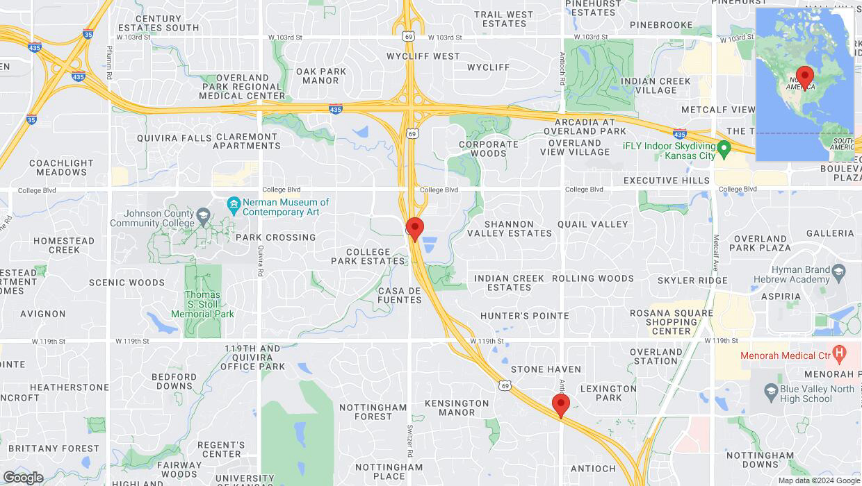 A detailed map that shows the affected road due to 'Lane on US-69 closed in Overland Park' on July 23rd at 8:14 p.m.