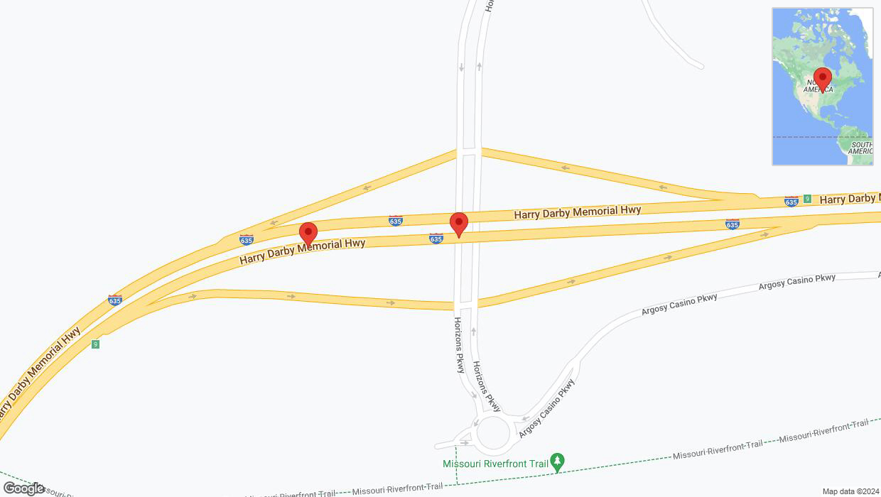 A detailed map that shows the affected road due to 'Broken down vehicle on northbound I-635 in Riverside' on July 22nd at 6:15 p.m.