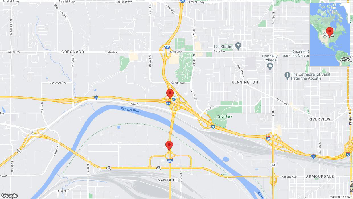 A detailed map that shows the affected road due to 'Lane on I-635 closed in Kansas City' on July 22nd at 11:15 p.m.