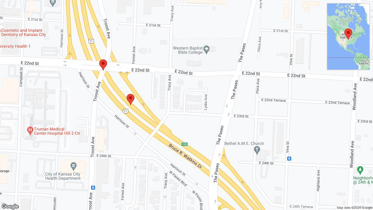 A detailed map that shows the affected road due to 'Broken down vehicle on northbound US-71 in Kansas City' on July 22nd at 11:45 p.m.