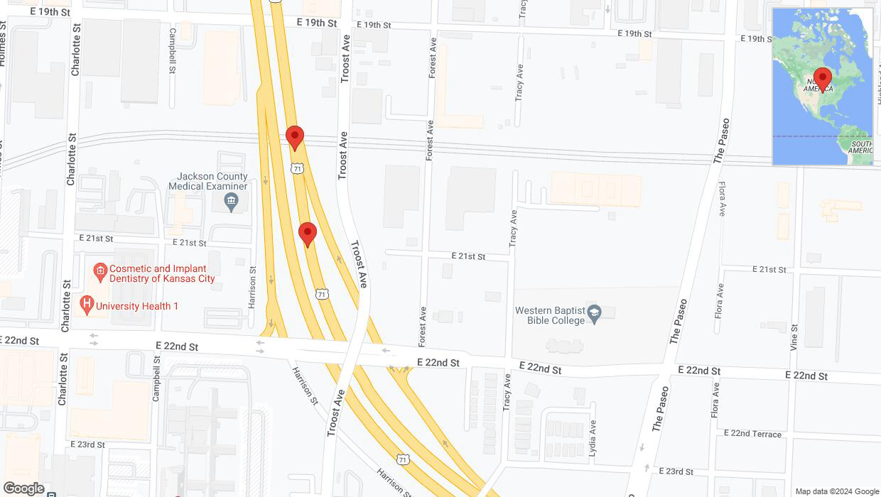 A detailed map that shows the affected road due to 'Broken down vehicle on northbound US-71 in Kansas City' on July 27th at 12:11 p.m.