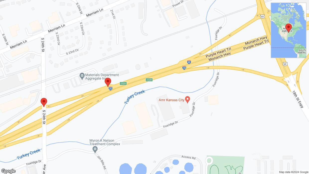 A detailed map that shows the affected road due to 'Broken down vehicle on South 24th Street in Kansas City' on July 23rd at 12:14 p.m.
