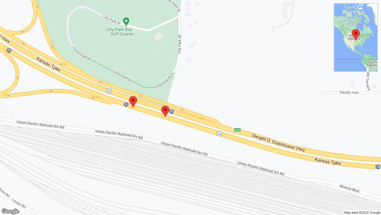 A detailed map that shows the affected road due to 'Broken down vehicle on eastbound I-70 in Kansas City' on July 23rd at 1:56 p.m.