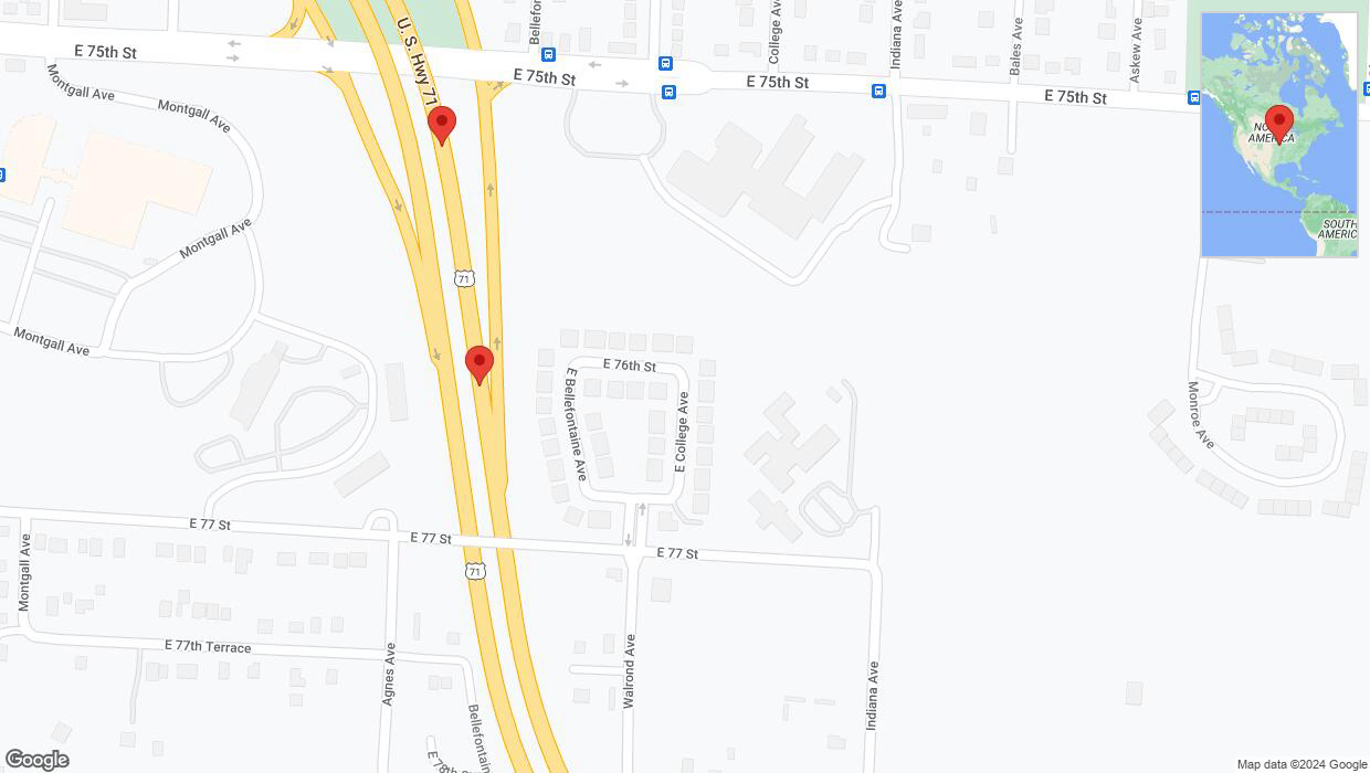 A detailed map that shows the affected road due to 'Broken down vehicle on northbound I-40/US-71 in Kansas City' on July 23rd at 1:44 p.m.