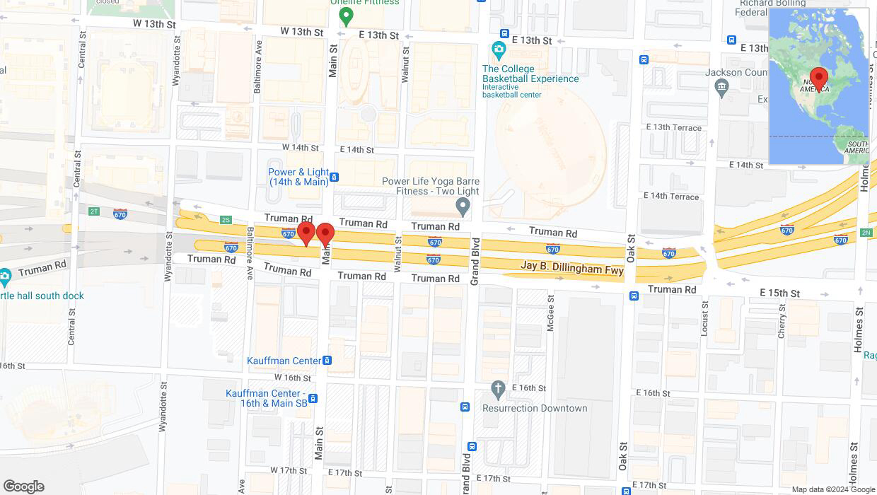 A detailed map that shows the affected road due to 'Broken down vehicle on eastbound I-670 in Kansas City' on July 23rd at 6:50 p.m.