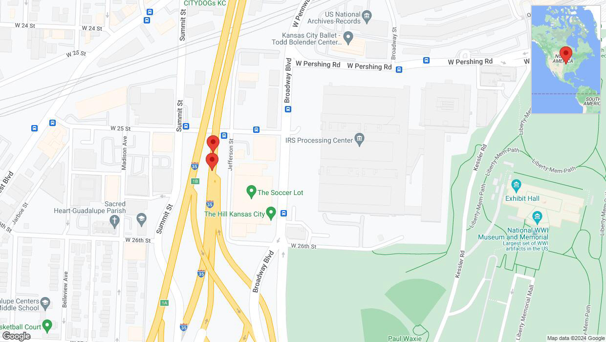 A detailed map that shows the affected road due to 'Broken down vehicle on northbound I-35 in Kansas City' on July 23rd at 4:14 p.m.