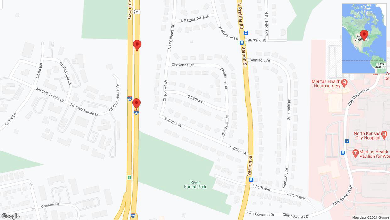 A detailed map that shows the affected road due to 'Broken down vehicle on northbound I-29/I-35 in Kansas City' on July 23rd at 4:56 p.m.