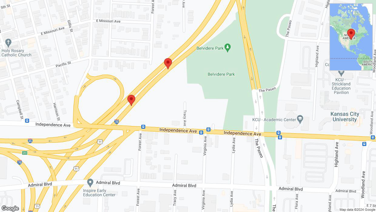 A detailed map that shows the affected road due to 'Broken down vehicle on northbound I-35 in Kansas City' on July 23rd at 5:14 p.m.