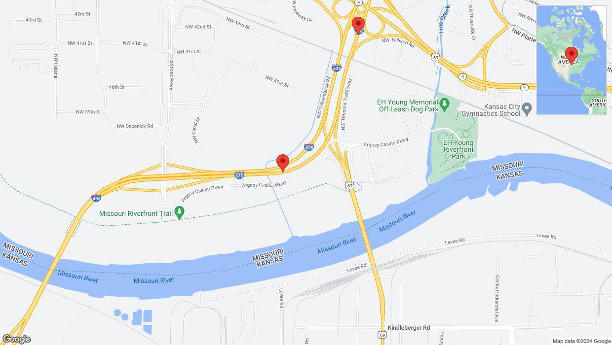 A detailed map that shows the affected road due to 'Warning: Crash on northbound I-635 in Riverside' on July 23rd at 5:08 p.m.