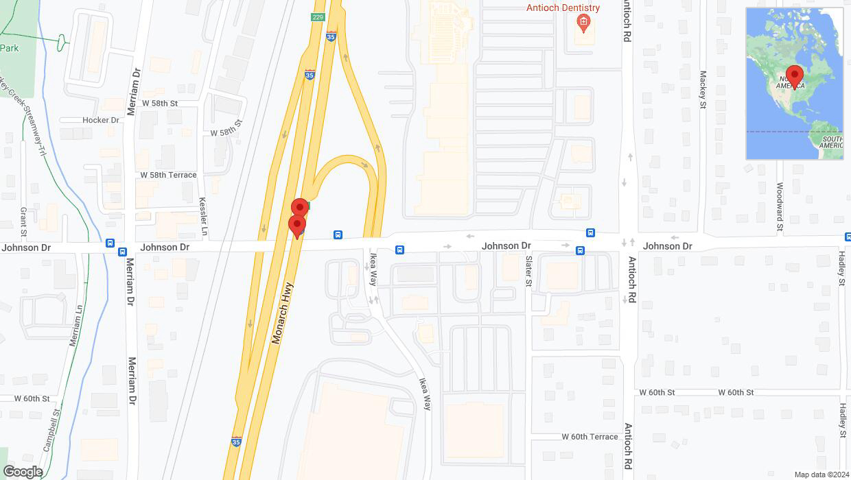 A detailed map that shows the affected road due to 'Warning: Crash on northbound I-35 in Merriam' on July 23rd at 6:32 p.m.