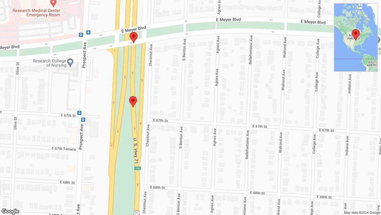 A detailed map that shows the affected road due to 'Broken down vehicle on northbound the Bruce R Watkins Expressway/US-71 in Kansas City' on July 23rd at 6:20 p.m.