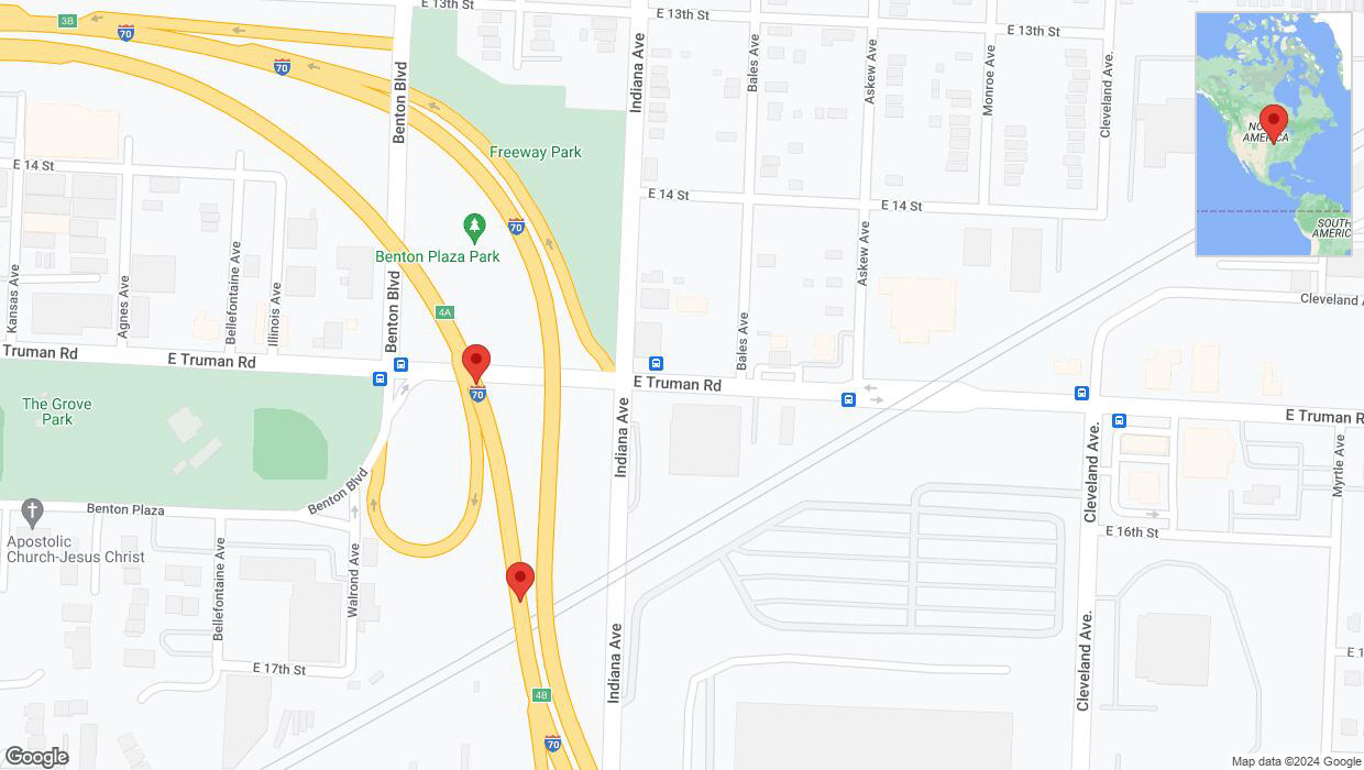 A detailed map that shows the affected road due to 'Broken down vehicle on eastbound I-70 in Kansas City' on July 23rd at 6:32 p.m.