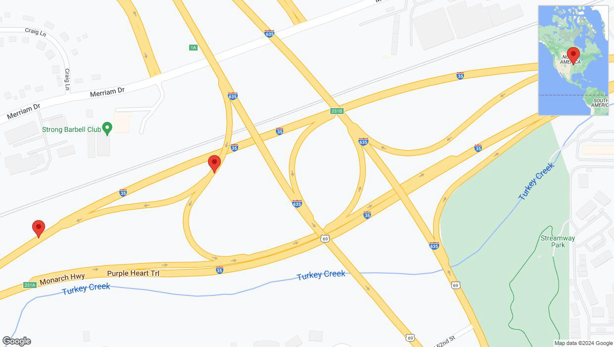 A detailed map that shows the affected road due to 'Purple Heart Trail temporarily closed in Overland Park' on July 23rd at 7:14 p.m.