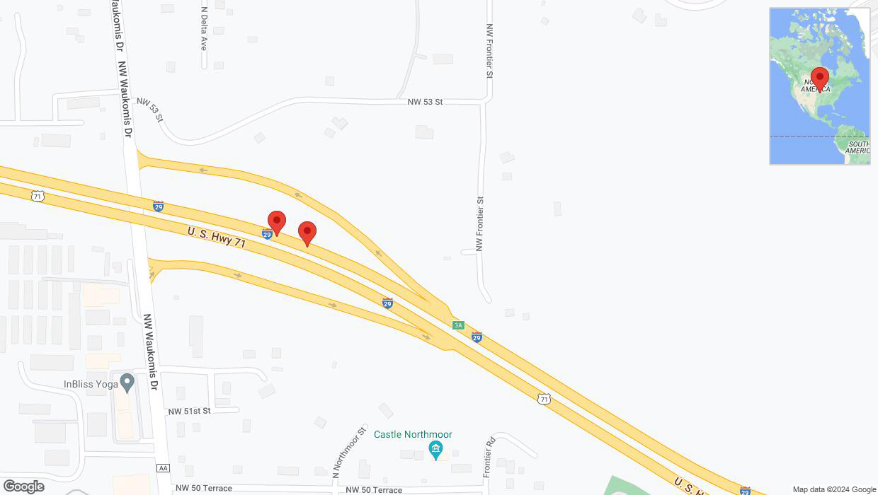 A detailed map that shows the affected road due to 'Broken down vehicle on northbound I-29 in Kansas City' on July 23rd at 10:20 p.m.