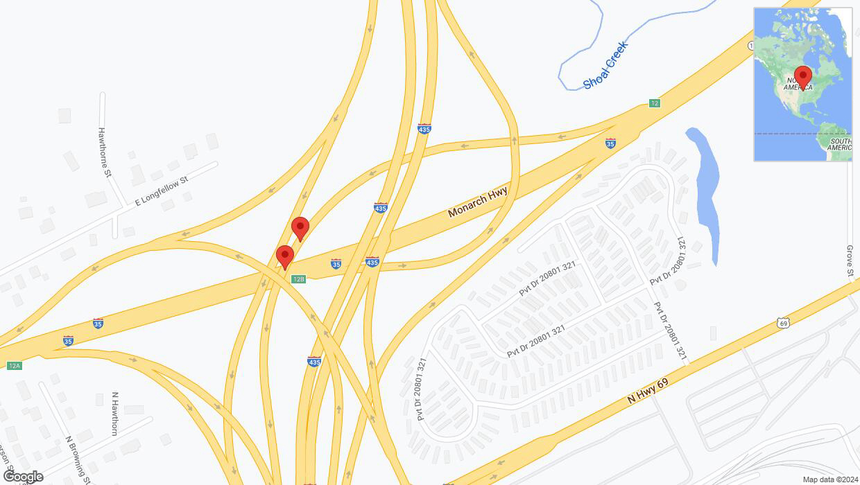A detailed map that shows the affected road due to 'Broken down vehicle on the Monarch Highway in Claycomo' on July 23rd at 8:20 p.m.