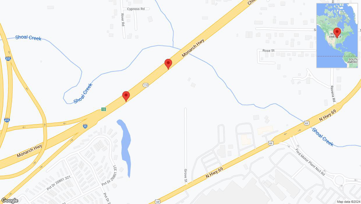 A detailed map that shows the affected road due to 'Broken down vehicle on northbound I-35 in Liberty' on July 23rd at 8:32 p.m.
