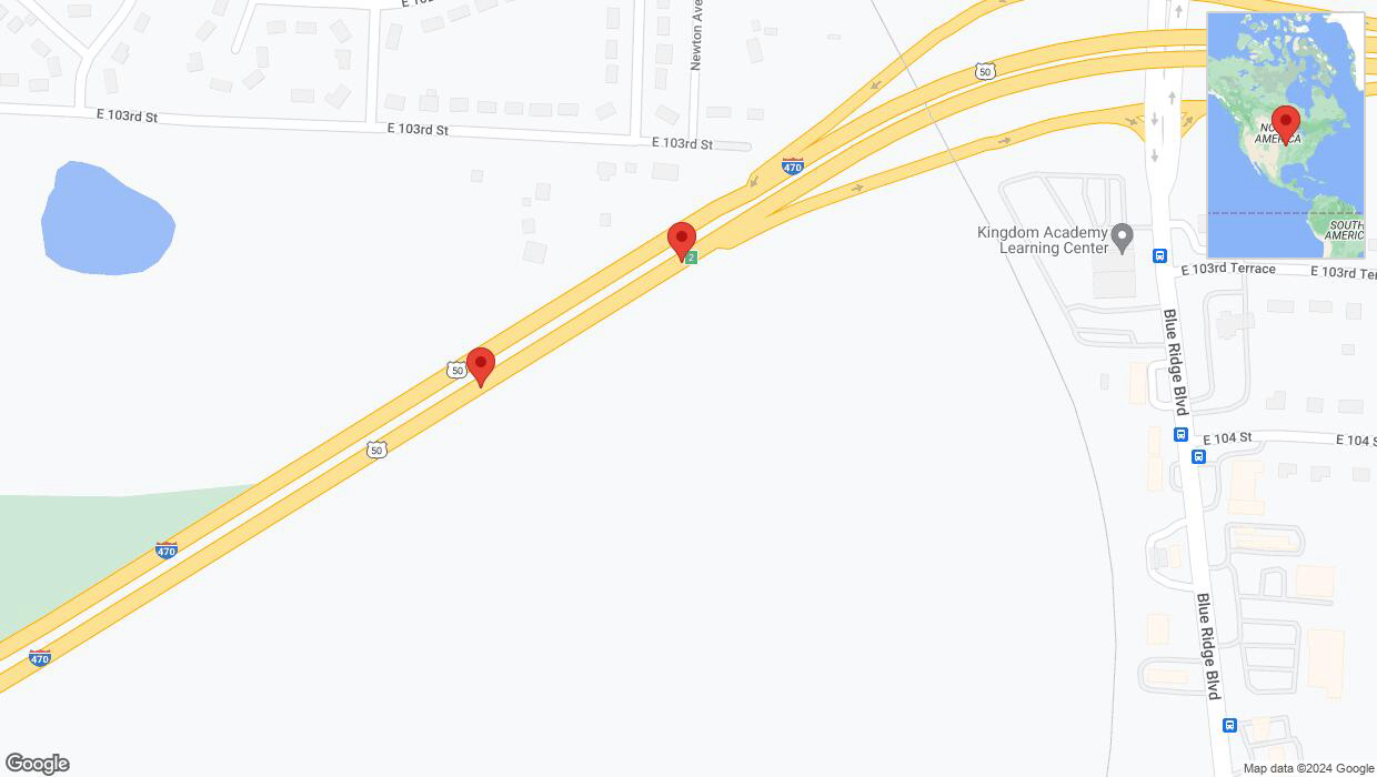 A detailed map that shows the affected road due to 'Broken down vehicle on eastbound I-470 in Kansas City' on July 23rd at 10:20 p.m.