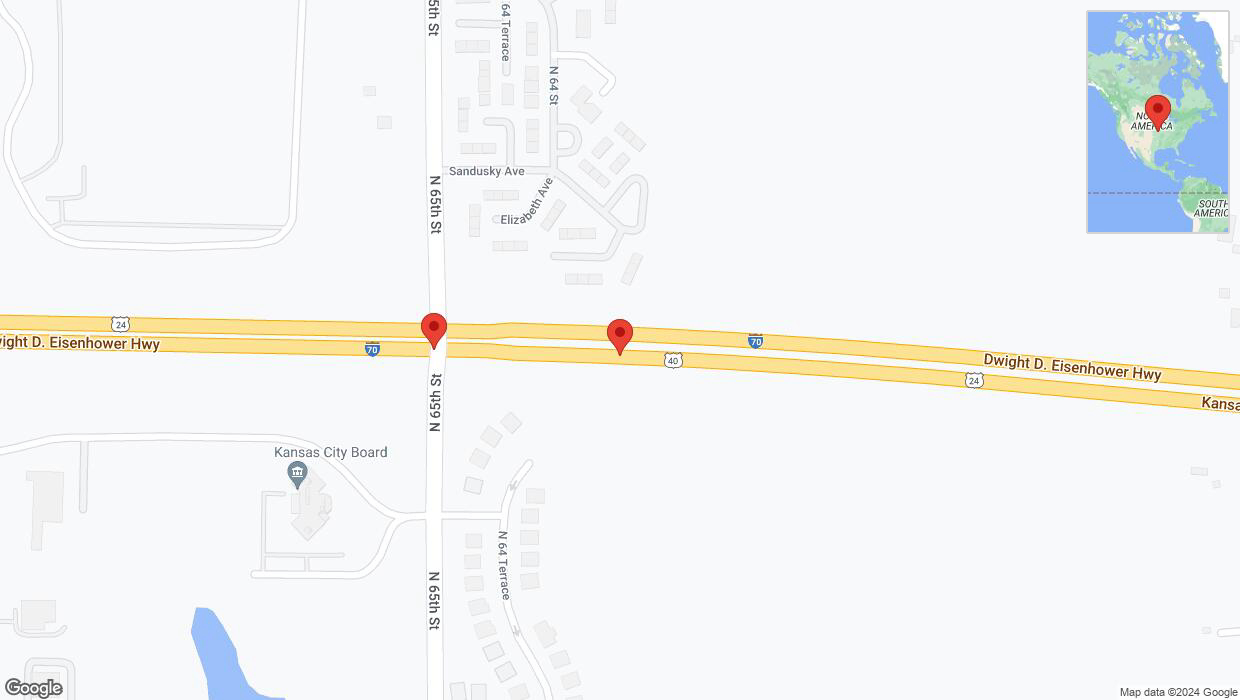 A detailed map that shows the affected road due to 'Broken down vehicle on eastbound I-70 in Kansas City' on July 23rd at 10:32 p.m.