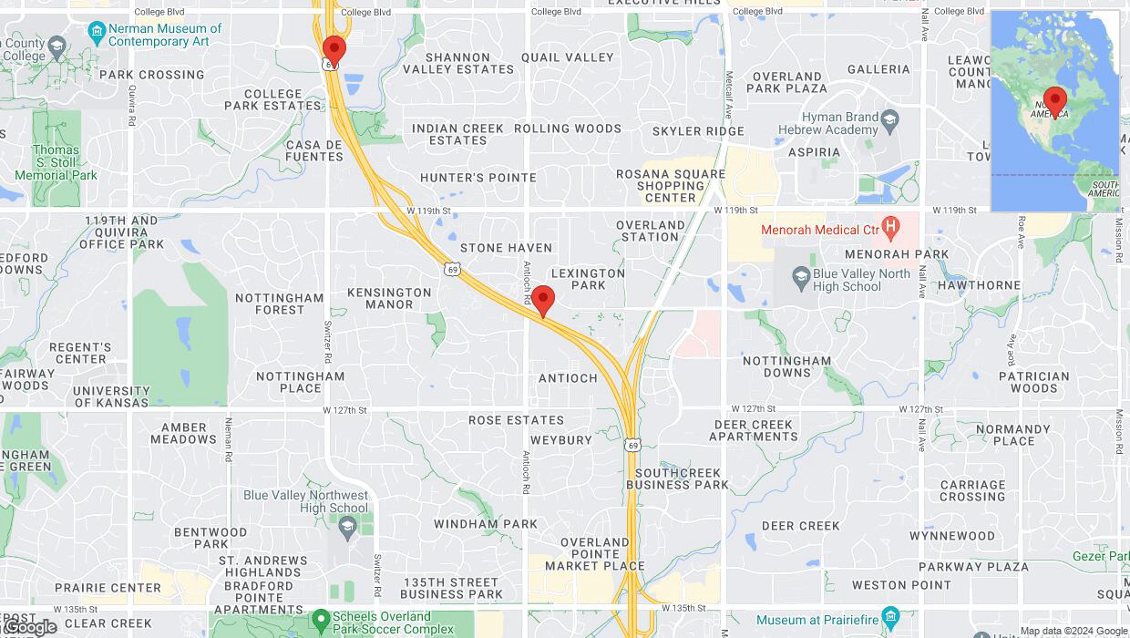A detailed map that shows the affected road due to 'Lane on US-69 closed in Overland Park' on July 23rd at 11:20 p.m.