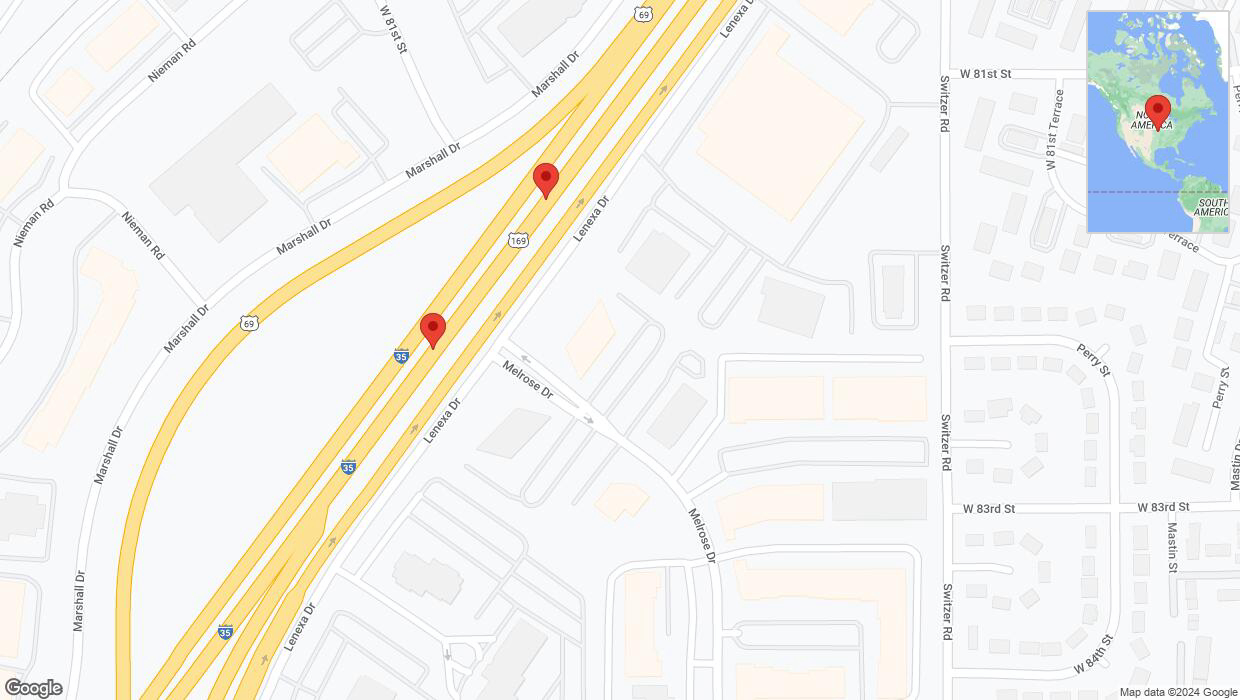 A detailed map that shows the affected road due to 'Broken down vehicle on eastbound I-35 in Lenexa' on July 24th at 2:50 p.m.