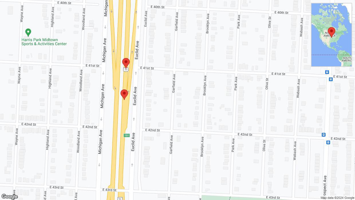 A detailed map that shows the affected road due to 'Broken down vehicle on northbound the Bruce R Watkins Expressway/US-71 in Kansas City' on July 24th at 9:44 p.m.